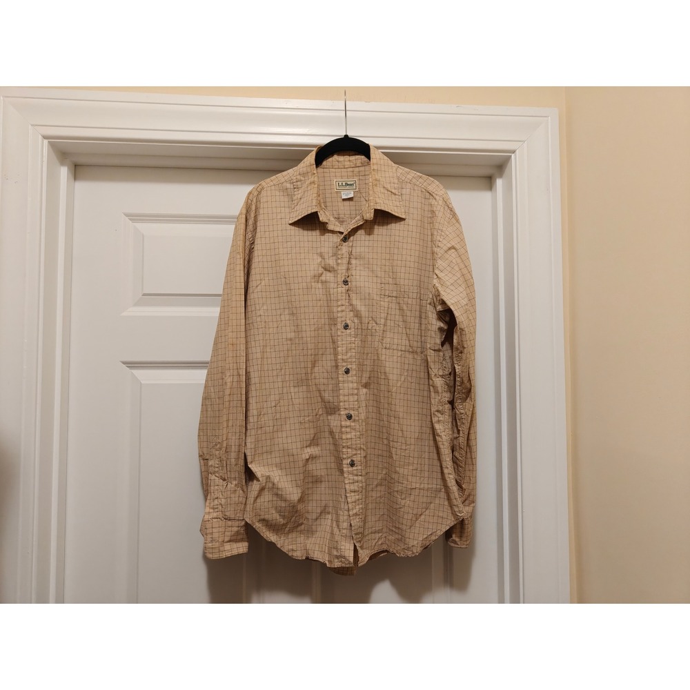 LL‎ Bean Mens Large Tan Windowpane Check Long Sleeve Button Down Shirt